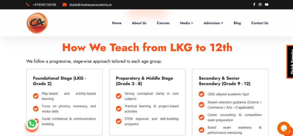 Chaitanya International School Ranchi teaching approach from LKG to 12th with stage-wise academic structure.
