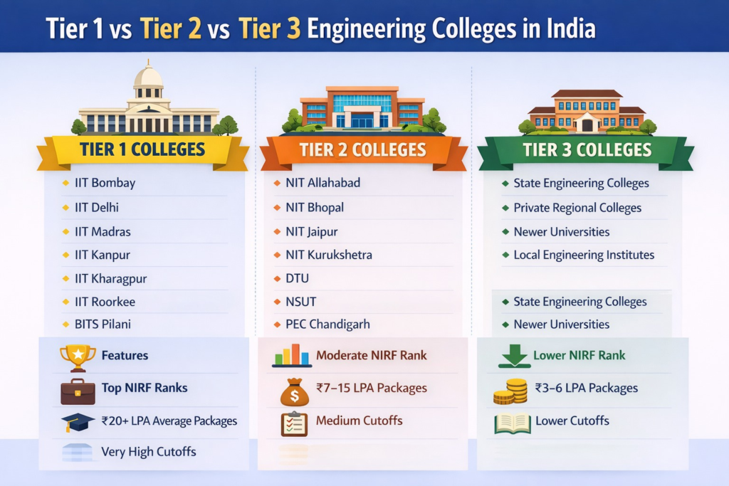Comparison of tier 1, tier 2, and tier 3 engineering colleges in India showing placements, rankings, and examples of colleges.