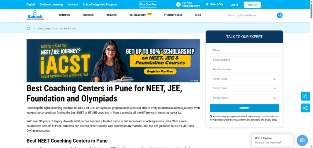 JEE droppers studying in a structured classroom program at Aakash Institute Pune. 