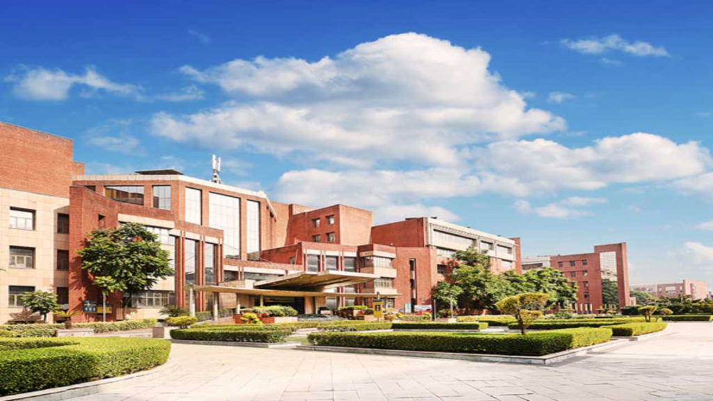Amity University Noida campus with modern infrastructure and students.