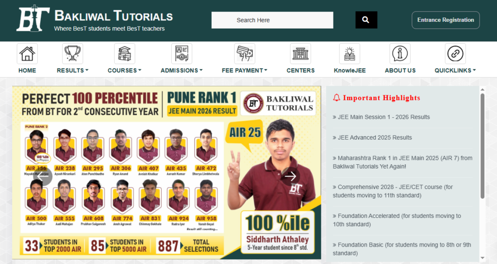 Bakliwal Tutorials IIT JEE coaching classes in Pune for class 12 PCM students.