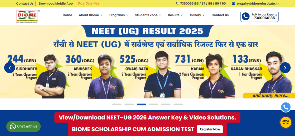 BIOME Institute center for NEET dropper batch students in Ranchi.