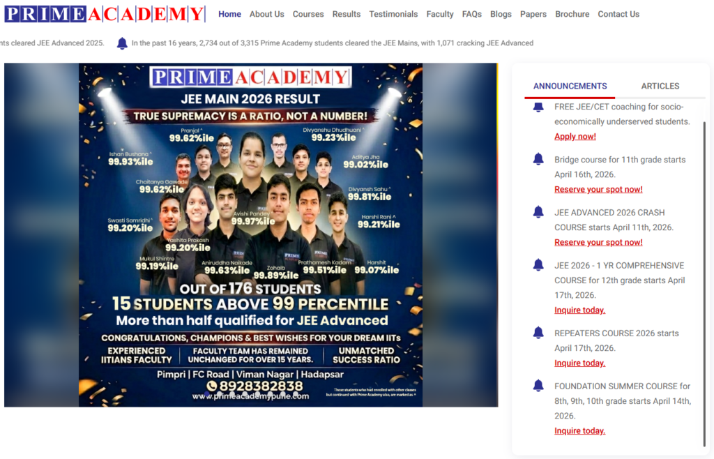 Prime Academy class 12 science coaching in Pune for board exams, NEET, and JEE preparation.