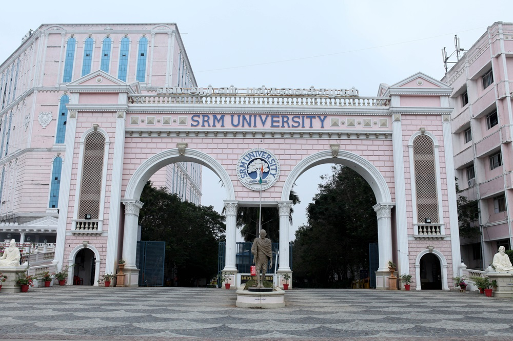SRM Institute of Science and Technology campus with modern buildings and students.
