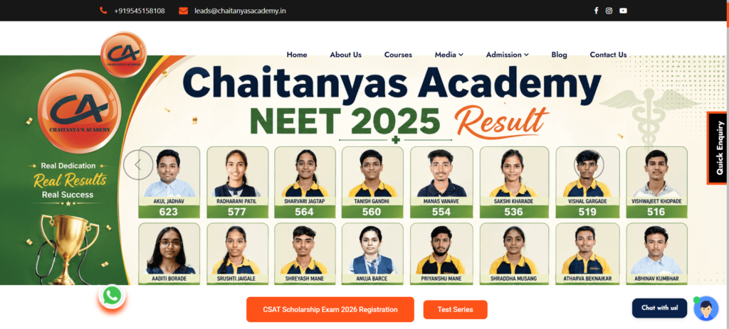 Students learning NEET and JEE concepts in a small-batch classroom at Chaitanya’s Academy, Baramati.