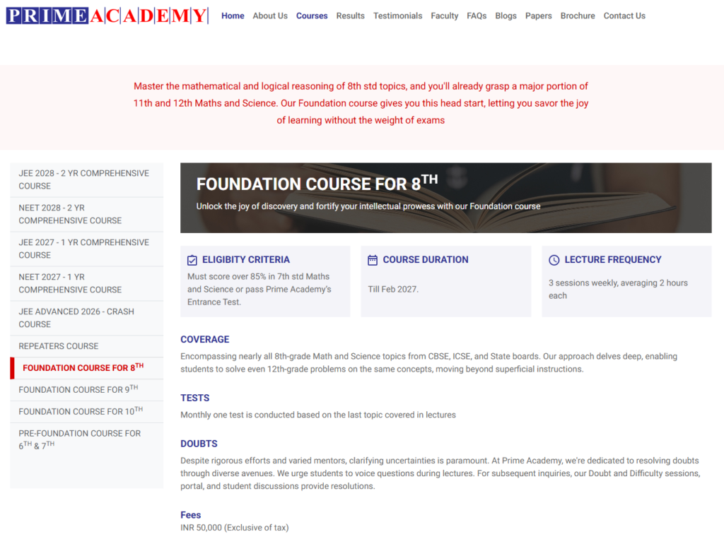 Prime Academy JEE foundation coaching for Class 8, 9, and 10 students in Pune.
