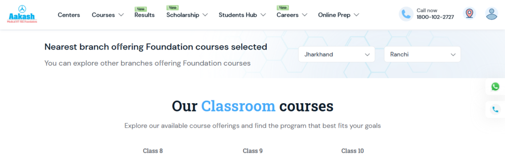 Aakash Institute provides foundation coaching for Class 8 to 10 students in Ranchi.