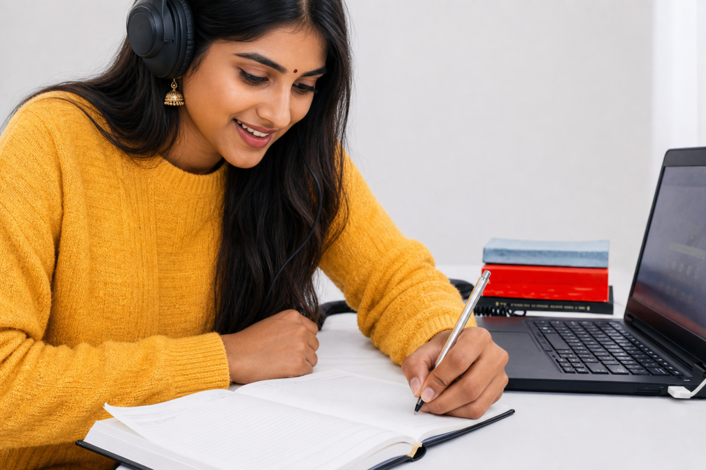 Class 11 student studying JEE preparation material independently at a desk.